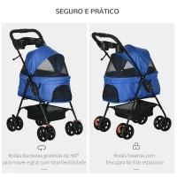 PawHut Carrinho dobrável para animais de estimação desmontável para cães de aço Oxford rodas giratórias freios janela 67x45x96 cm azul(m-5)