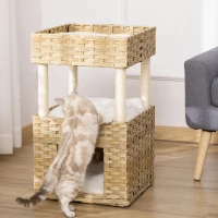 Pawhut Katzenhöhle aus Rattan Katzenkorb mit Kratzstamm 3-stöckiges Katzenbett Katzenhöhle Katzenturm mit 3 Kissen Liegedach Sisal Natur 40 x 40 x 70 cm(m-8)