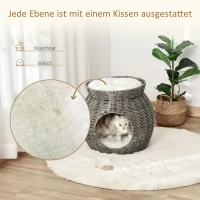 Pawhut Rattan Katzenkorb zweistöckiges Katzenbett Katzenhöhle Katzenturm mit 2 Kissen Liegedach Dunkelgrau Ø50 x 43,5 cm(m-6)