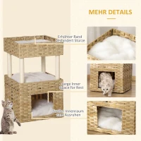 Pawhut Katzenhöhle aus Rattan Katzenkorb mit Kratzstamm 3-stöckiges Katzenbett Katzenhöhle Katzenturm mit 3 Kissen Liegedach Sisal Natur 40 x 40 x 70 cm(m-7)
