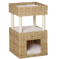 Pawhut Katzenhöhle aus Rattan Katzenkorb mit Kratzstamm 3-stöckiges Katzenbett Katzenhöhle Katzenturm mit 3 Kissen Liegedach Sisal Natur 40 x 40 x 70 cm(m-1)