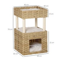 Pawhut Katzenhöhle aus Rattan Katzenkorb mit Kratzstamm 3-stöckiges Katzenbett Katzenhöhle Katzenturm mit 3 Kissen Liegedach Sisal Natur 40 x 40 x 70 cm(m-3)
