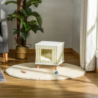 PawHut Katzenhöhle aus Rattan mit Kissen Katzenschlafplatz Rattan Katzenkorb Katzenhaus Katzenhütte Katzenbett Haustierbett für Katzen bis 4,5 kg  36 x 36 x 40 cm Beige+Weiß+Natur(m-2)