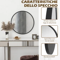 HOMCOM Specchio Rotondo da Parete Moderno in Lega di Alluminio, Ø61cm Nero(m-5)