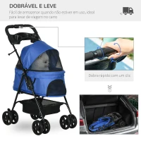 PawHut Carrinho dobrável para animais de estimação desmontável para cães de aço Oxford rodas giratórias freios janela 67x45x96 cm azul(m-4)