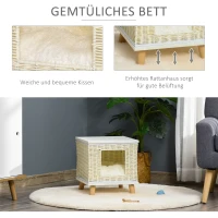 PawHut Katzenhöhle aus Rattan mit Kissen Katzenschlafplatz Rattan Katzenkorb Katzenhaus Katzenhütte Katzenbett Haustierbett für Katzen bis 4,5 kg  36 x 36 x 40 cm Beige+Weiß+Natur(m-5)