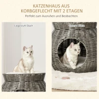 Pawhut Rattan Katzenkorb zweistöckiges Katzenbett Katzenhöhle Katzenturm mit 2 Kissen Liegedach Dunkelgrau Ø50 x 43,5 cm(m-4)