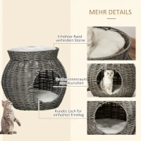 Pawhut Rattan Katzenkorb zweistöckiges Katzenbett Katzenhöhle Katzenturm mit 2 Kissen Liegedach Dunkelgrau Ø50 x 43,5 cm(m-7)