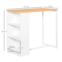 HOMCOM Bartisch Küchentisch mit 3-stöckigem Ablageregal mit Metallrahmen und Tischplatte für Restaurant, Küche und Wohnzimmer, MDF-Platte, Stahl, Weiß+Holzfarbe, 115 x 55 x 100 cm(m-3)