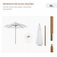 Outsunny Chapéu de Sol de Madeira Ø300x250cm com Altura Ajustável em 3 Níveis para Jardim Terraço Piscina Cafeteria Branco Marfim(m-6)