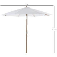 Outsunny Chapéu de Sol de Madeira Ø300x250cm com Altura Ajustável em 3 Níveis para Jardim Terraço Piscina Cafeteria Branco Marfim(m-3)