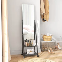 HOMCOM Free Standing Dressing Mirror, Rolling Full Length Mirror on Wheels with Adjustable Angle, Storage Shelves for Bedroom(m-8)