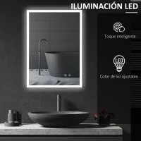 kleankin Espejo de Baño con Luz LED Función Antivaho con Interruptor Táctil y Color de Luz Ajustable 70x50 cm Plata(m-5)