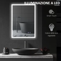 kleankin Specchio Bagno con Luce LED, Funzione Anti-Appannamento e Tasti Touch, 70x50cm, Argento(m-5)