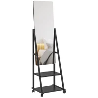 HOMCOM Free Standing Dressing Mirror, Rolling Full Length Mirror on Wheels with Adjustable Angle, Storage Shelves for Bedroom(m-1)