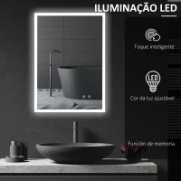 kleankin Espelho Casa de Banho com Luz LED Interruptor Tátil 3 Luzes Ajustáveis Função Anti-Embaciamento  70x50cm Prata(m-5)