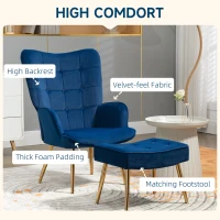 HOMCOM Modern Armchair with Footstool, Upholstered Accent Chair with Ottoman, Steel Legs, Velvet Wingback Chair for Living Room, Bedroom, Home Study, Dark Blue(m-4)