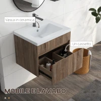 kleankin Mobile Lavabo da 60cm con Cassetto in Legno e Lavandino in Ceramica, Marrone Chiaro(m-5)