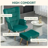 HOMCOM Modern Armchair with Footstool, Upholstered Accent Chair with Ottoman, Steel Legs, Velvet Wingback Chair for Living Room, Bedroom, Home Study, Dark Green(m-4)