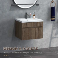 kleankin Mobile Lavabo da 60cm con Cassetto in Legno e Lavandino in Ceramica, Marrone Chiaro(m-4)