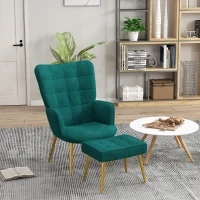 HOMCOM Modern Armchair with Footstool, Upholstered Accent Chair with Ottoman, Steel Legs, Velvet Wingback Chair for Living Room, Bedroom, Home Study, Dark Green(m-10)