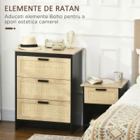 HOMCOM Comoda cu 3 Sertare din PAL si Ratan pentru Sufragerie si Dormitor, 60x40x80 cm, Negru si Lemn Natur(m-5)