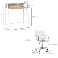 HOMCOM Home Office Chair and Computer Desk Set, Faux Leather Desk Chair with Swivel Wheels, Study Desk with Storage Shelf, White(m-3)