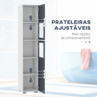 kleankin Coluna Casa de Banho com 2 Portas com Vidro Temperado e Prateleiras Ajustáveis 37x35x190 cm Branco e Cinza(m-5)