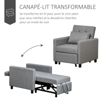 HOMCOM Fauteuil chauffeuse canapé-lit convertible 1 place dossier inclinable à 3 positions avec accoudoirs coussins conforts gris(m-4)