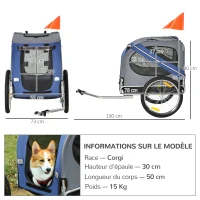 PawHut Remorque vélo pour chien animaux 8 réflecteurs drapeau barre attelage inclus acier polyester imperméable max. 30 Kg 130L x 73l x 90H cm bleu(m-3)