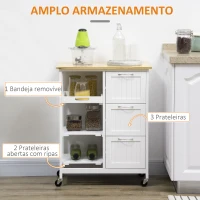 HOMCOM Carrinho de Cozinha com Rodas Carrinho de Serviço com 3 Gavetas 3 Prateleiras Abertas e Bandeja Removível para Sala de Jantar Carga Máxima 40kg 67x37x84cm Branco(m-4)