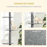 PawHut Arranhador para Gatos de Chão ao Teto com Altura Ajustável 4 Plataformas e Poste de Sisal 43x27x228-260 cm Cinza(m-6)