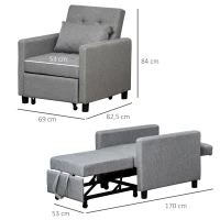 HOMCOM Fauteuil chauffeuse canapé-lit convertible 1 place dossier inclinable à 3 positions avec accoudoirs coussins conforts gris(m-3)