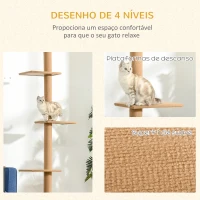 PawHut Arranhador para Gatos de Chão ao Teto com Altura Ajustável 4 Plataformas e Poste de Sisal 43x27x228-260 cm Marrom Claro(m-6)
