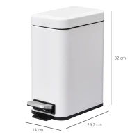 HOMCOM 5L Rectangular Compact Bin Steel Body Removable Bucket Quiet-Close Lid w/ Pedal Lid Rubbish Trash Can Home Office Bedroom Bathroom Living Room Garbage Tidy Clean White(m-3)