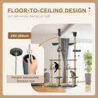 PawHut Floor to Ceiling Cat Tree for Indoor Cats, 6-Tier Play Tower Climbing Activity Center with Scratching Post, Platforms, Bed, Hammock, Adjustable Height 230-250cm, Grey(m-5)