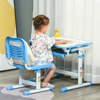 HOMCOM Banco Scuola per Bambini 6-12 Anni con Sedia Regolabile, Cassetto e Piano Inclinabile, 66x47x52-77 cm, Blu(m-2)