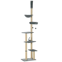 PawHut Floor to Ceiling Cat Tree for Indoor Cats, 6-Tier Play Tower Climbing Activity Center with Scratching Post, Platforms, Bed, Hammock, Adjustable Height 230-250cm, Grey(m-11)