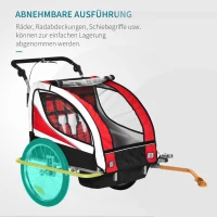 HOMCOM Kinderfahrradanhänger für 2 Kinder inkl. Reflektoren u. Fahne Rot + Weiß(m-5)