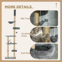 PawHut Floor to Ceiling Cat Tree for Indoor Cats, 6-Tier Play Tower Climbing Activity Center with Scratching Post, Platforms, Bed, Hammock, Adjustable Height 230-250cm, Grey(m-6)