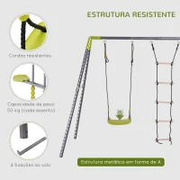 HOMCOM Conjunto de Baloiços 3 em 1 para Crianças acima de 3 Anos Baloiços e Escada de Corda 295x138x175 cm Cinza e Verde(m-5)