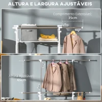 HOMCOM Charriot Dobrável para Roupa com Rodas Barras para Pendurar Extensíveis Altura Ajustável e 2 Prateleiras 88-157x50x95-160cm Branco(m-5)