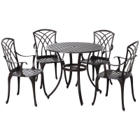 Outsunny 5 Pieces Outdoor Dining Table Set, Cast Aluminium Patio Conversation Furniture Set with 4 Armchairs, a Round Dining Table with Parasol Hole, Brown