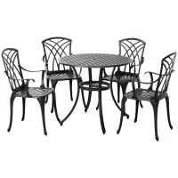 Outsunny 5 Pieces Outdoor Dining Table Set, Cast Aluminium Patio Conversation Furniture Set with 4 Armchairs, a Round Dining Table with Parasol Hole, Brown(m-1)