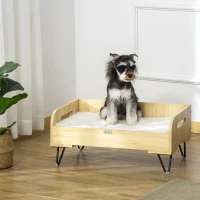 PawHut Canapé lit pour chien chat design dim. 70L x 45l x 31,5H cm piètement métal avec coussin moelleux 2 poignées latérales MDF blanc et aspect bois(m-2)