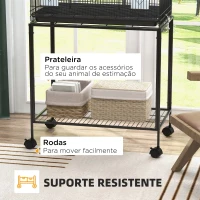 PawHut Gaiola para Pássaros com Rodas 77x46x119 cm Bandeja Amovível 2 Poleiros 2 Comedouros e Prateleira de Armazenamento Preto(m-8)