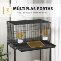 PawHut Gaiola para Pássaros com Rodas 77x46x119 cm Bandeja Amovível 2 Poleiros 2 Comedouros e Prateleira de Armazenamento Preto(m-5)
