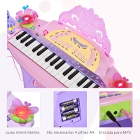 HOMCOM Piano Eléctrico Infantil 32 Teclas Piano Infantil com Microfone Banquinho Luzes Ritmos Sons MP3 Karaoke  Rosa(m-5)