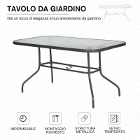 Outsunny Tavolo da Giardino con Foro per Ombrellone, Arredamento da Esterno in Metallo e Vetro 140x80x70cm Grigio(m-6)