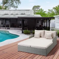 Outsunny Lit canapé double pour jardin en résine tressée PE avec matelas, accoudoirs et 4 coussins dim. 158L x 134l x 70H cm - gris et beige(m-2)